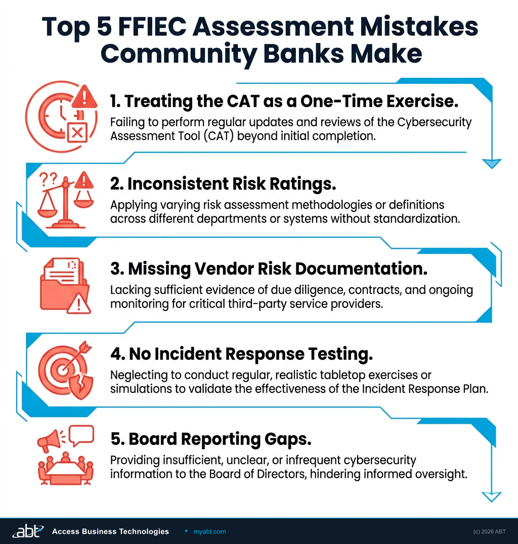 Infographic showing the top 5 FFIEC cybersecurity assessment mistakes community banks make, including treating the CAT as a one-time exercise, inconsistent risk ratings, missing vendor documentation, untested incident response plans, and board reporting gaps