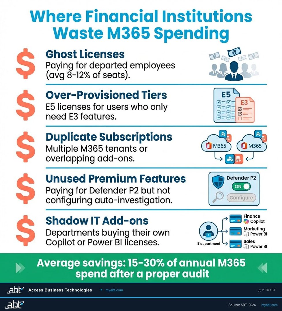 Where financial institutions waste M365 spending: ghost licenses, over-provisioned tiers, duplicate subscriptions, unused features, shadow IT