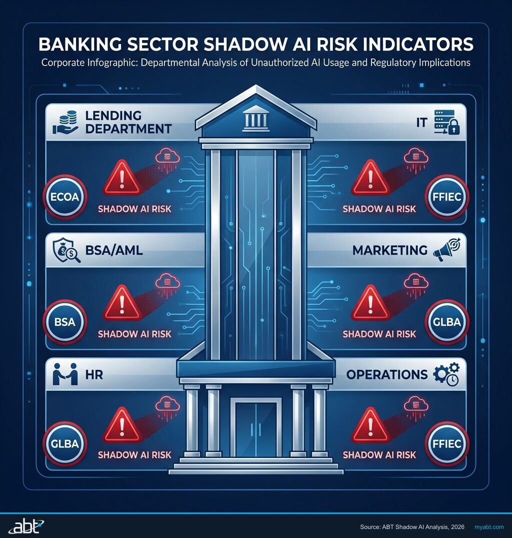 Shadow AI risk map showing where unauthorized AI use hides across banking departments