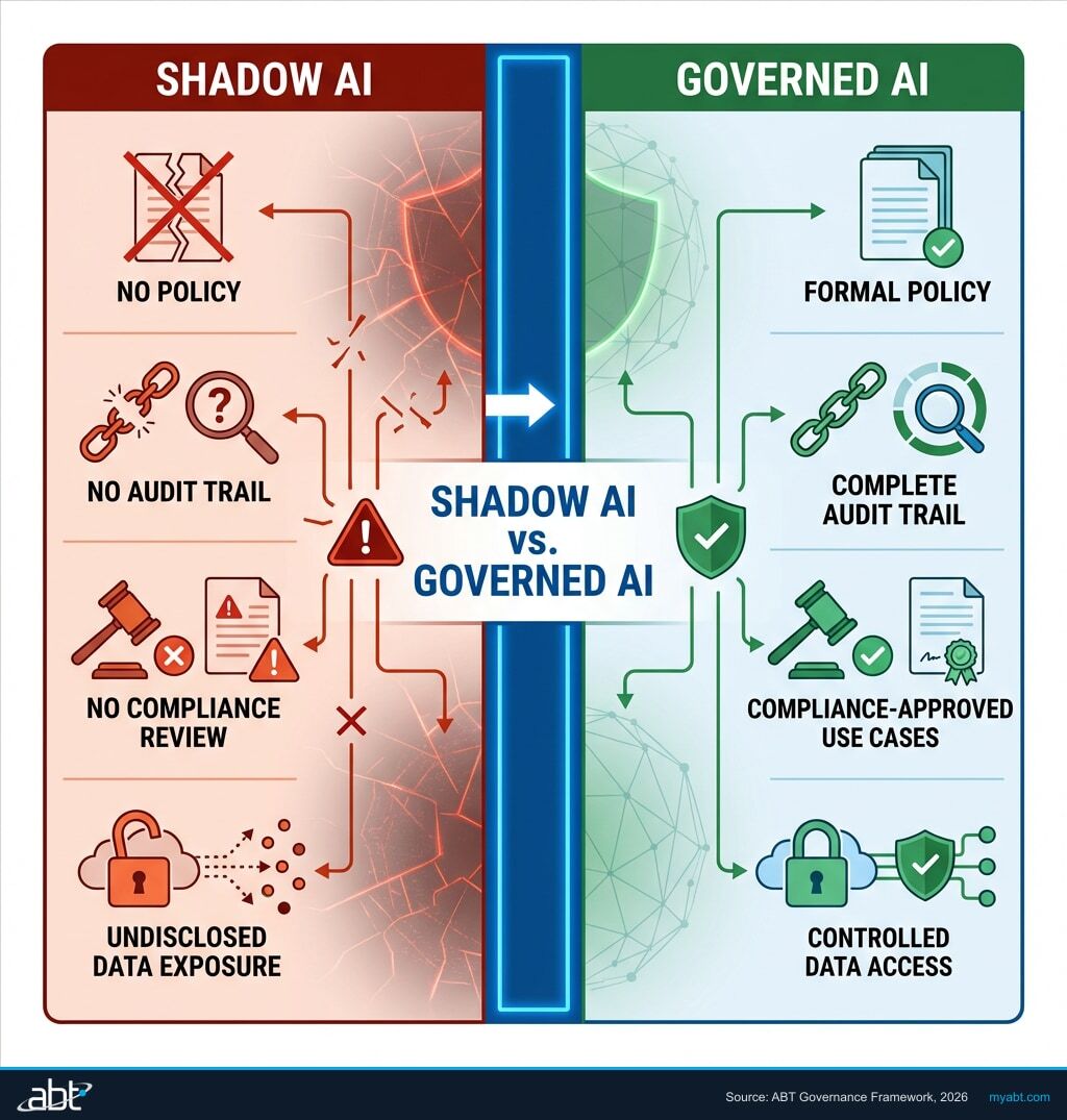 Comparison of shadow AI risks versus governed AI controls