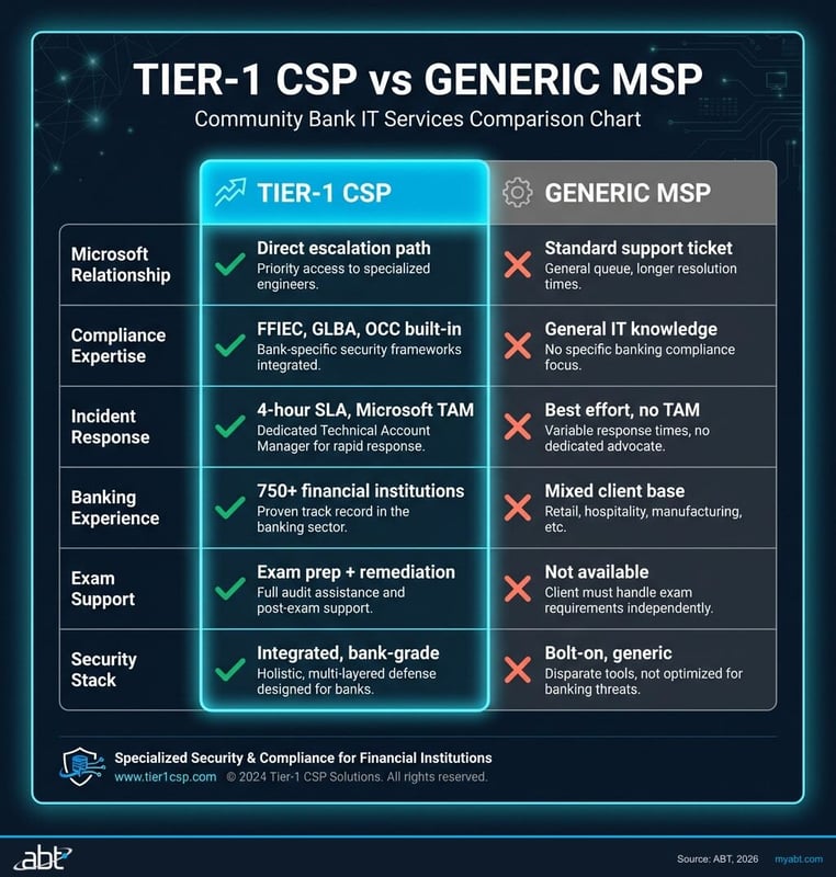 Comparison chart showing Tier-1 Cloud Solution Provider versus generic MSP across six critical banking IT categories