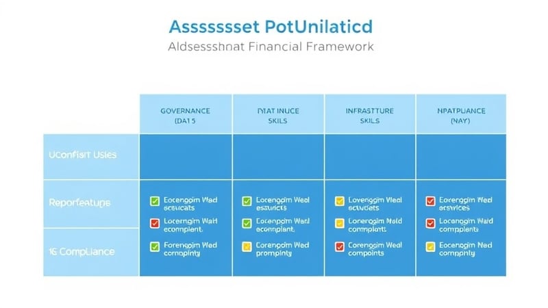25-Point AI Readiness Assessment Framework showing five categories: Governance, Data, Infrastructure, Skills, and Compliance, each with 5 checkpoint items scored on a 1-5 scale
