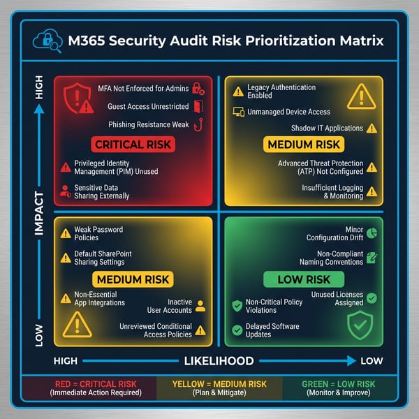 M365 Security Audit Risk Prioritization Matrix showing a 2x2 grid with Impact vs Likelihood axes for common Microsoft 365 misconfigurations