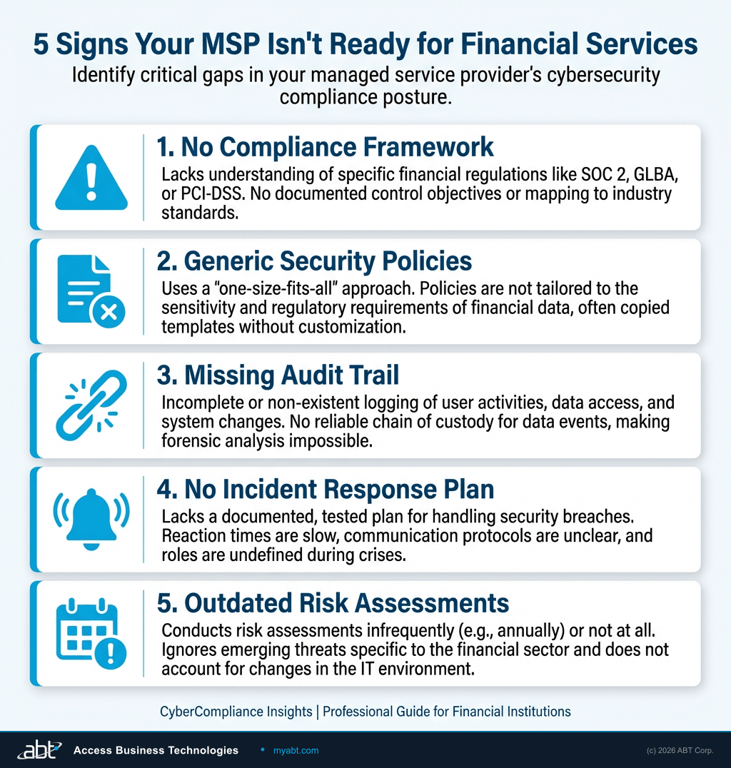 Five warning signs your MSP is not ready for financial services: no compliance framework, generic security policies, missing audit trail, no incident response plan, outdated risk assessments