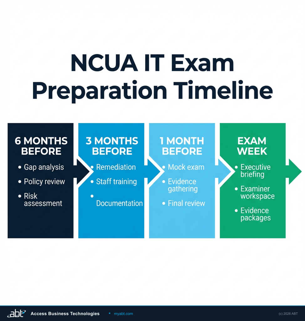 90-day NCUA IT exam preparation timeline showing weekly milestones from assessment through final review