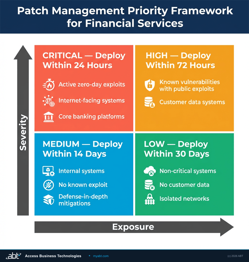 Patch management priority matrix for financial institutions showing critical, high, medium, and low severity response timelines
