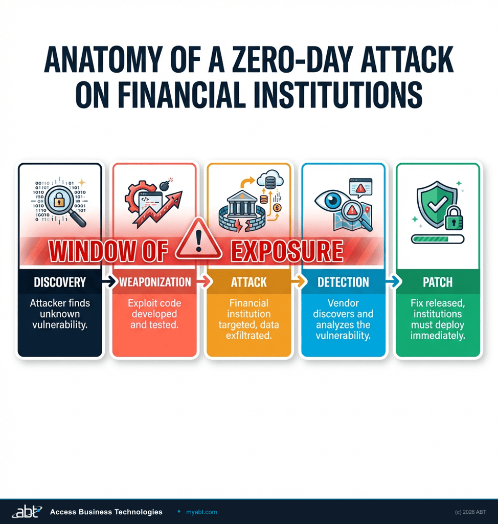 Zero-day vulnerability lifecycle from discovery through exploitation, patch release, and deployment in financial institution environments