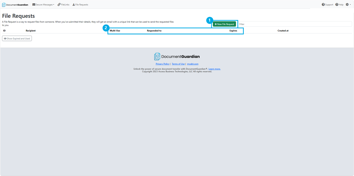 DocumentGuardian File Requests page with numbered callouts marking the New File Request button and the tracking columns for multi-use, responses, and expiration