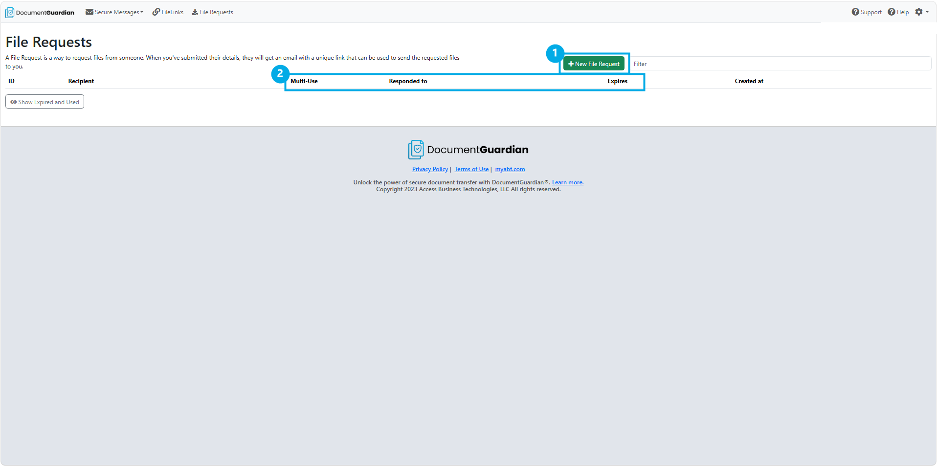 DocumentGuardian File Requests page with numbered callouts marking the New File Request button and the tracking columns for multi-use, responses, and expiration