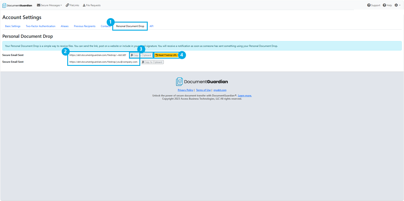 DocumentGuardian Account Settings page open to the Personal Document Drop section, with numbered callouts marking the Personal Document Drop tab, both Secure Send Link formats, the Copy to Clipboard button, and the Reset Filedrop URL button