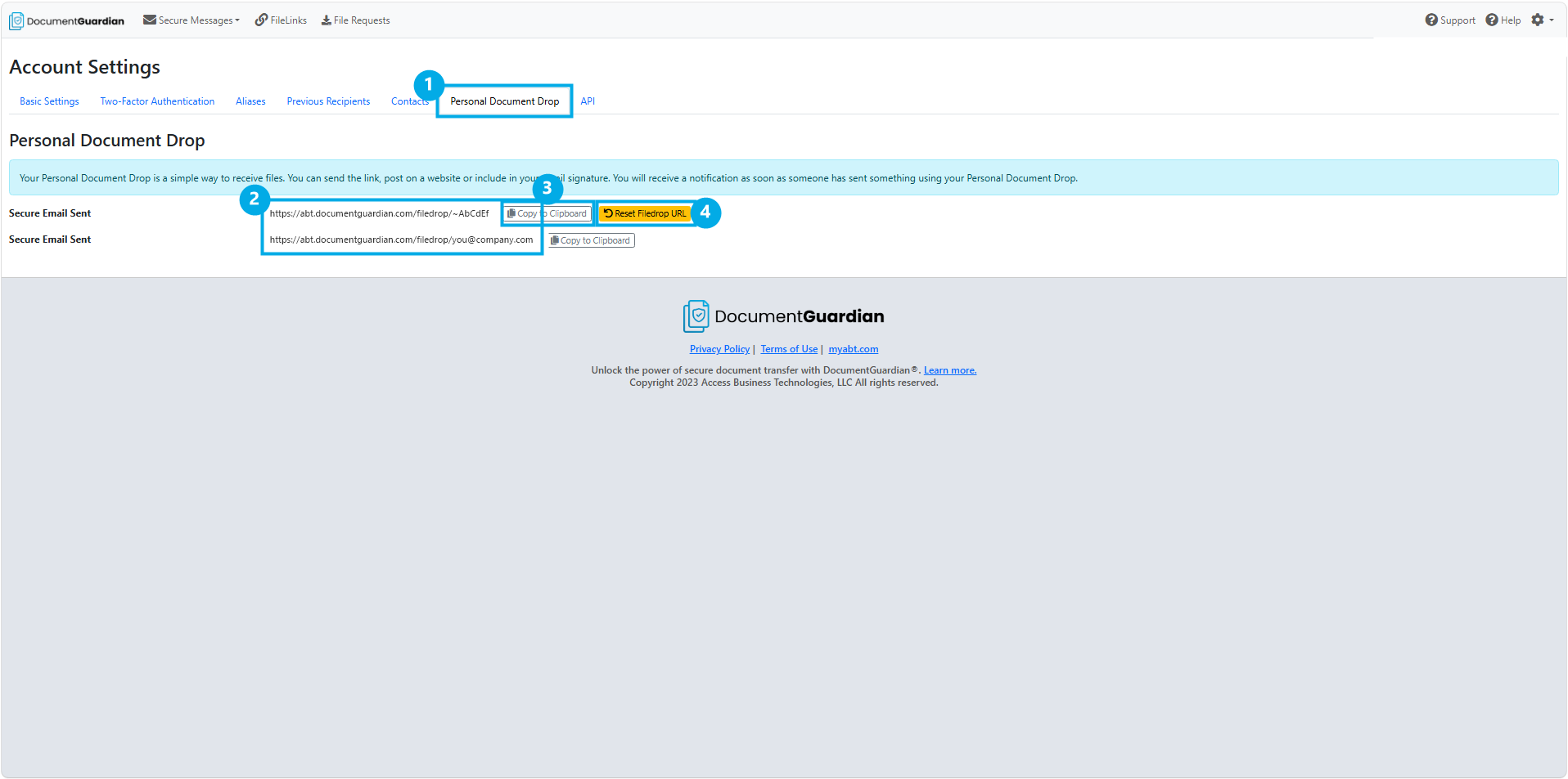 DocumentGuardian Account Settings page open to the Personal Document Drop section, with numbered callouts marking the Personal Document Drop tab, both Secure Send Link formats, the Copy to Clipboard button, and the Reset Filedrop URL button