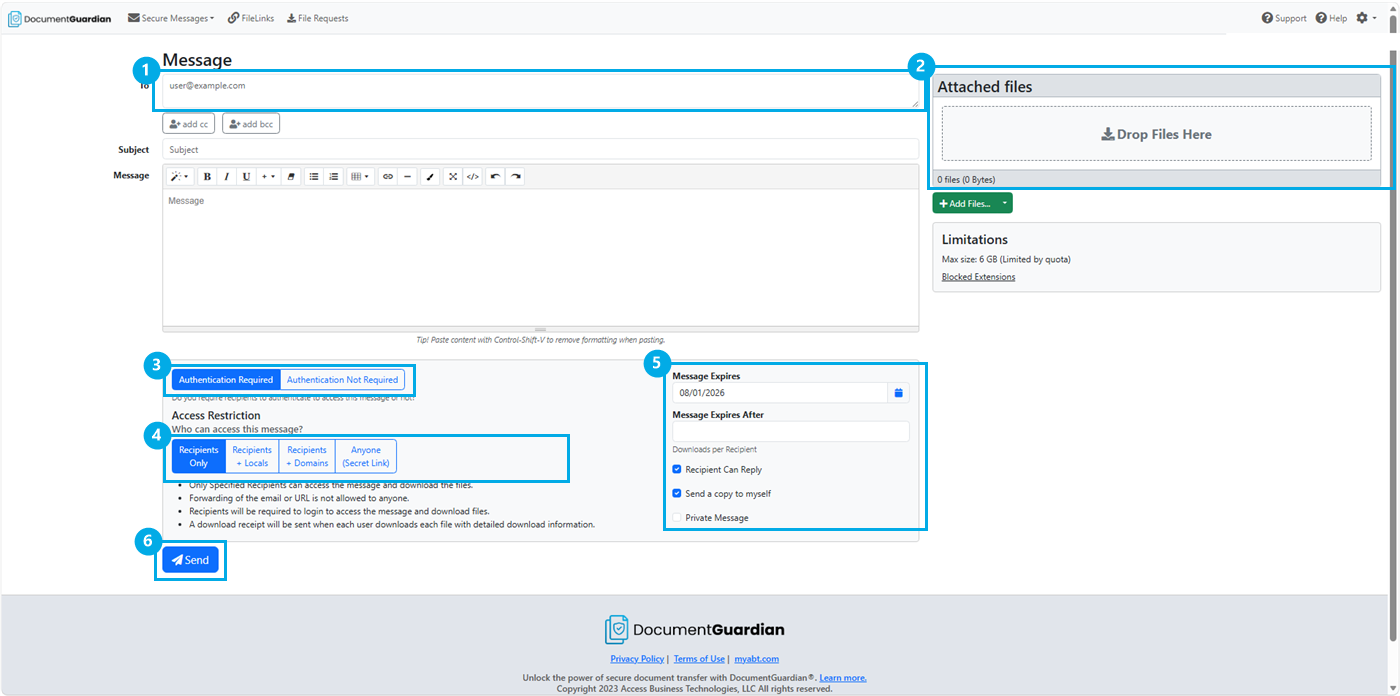 DocumentGuardian secure message compose screen with numbered callouts marking the recipient fields, the file attachment area, the Authentication Required toggle, the Access Restriction options, the expiration and reply options, and the Send button