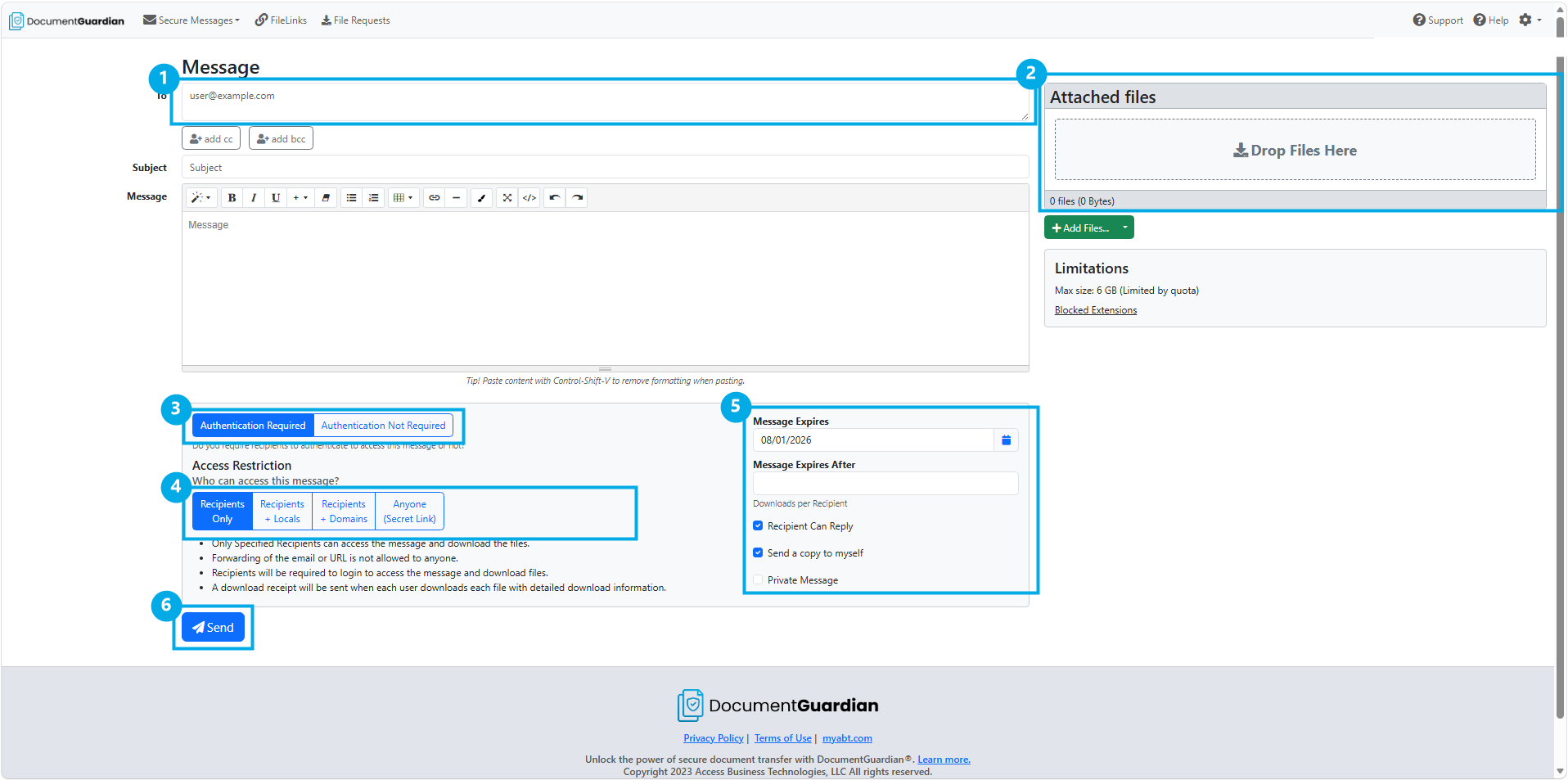 DocumentGuardian secure message compose screen with numbered callouts marking the recipient fields, the file attachment area, the Authentication Required toggle, the Access Restriction options, the expiration and reply options, and the Send button