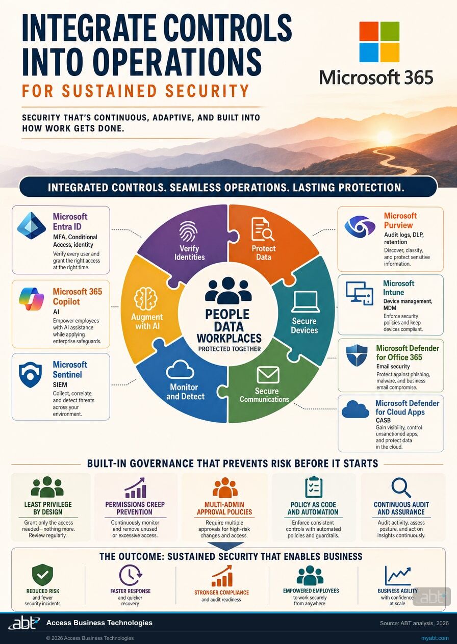 Infographic visualizing Building These Controls Into Operations (Not a One-Time Audit) for Handala Group M365 Intune Mass Device Wipe Attack: What the Stryker Incident Means for Banks, Credit Unions, and Mortgage Companies. ABT analysis for banks, credit u