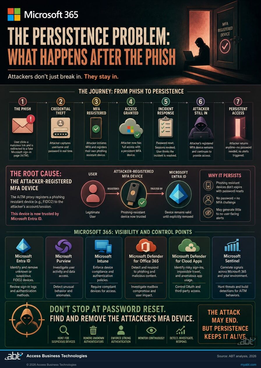 Infographic visualizing The Persistence Problem: What Happens After the Phish for VENOM PhaaS: MFA Bypass Targeting Financial Executives. ABT analysis for banks, credit unions, and mortgage companies.